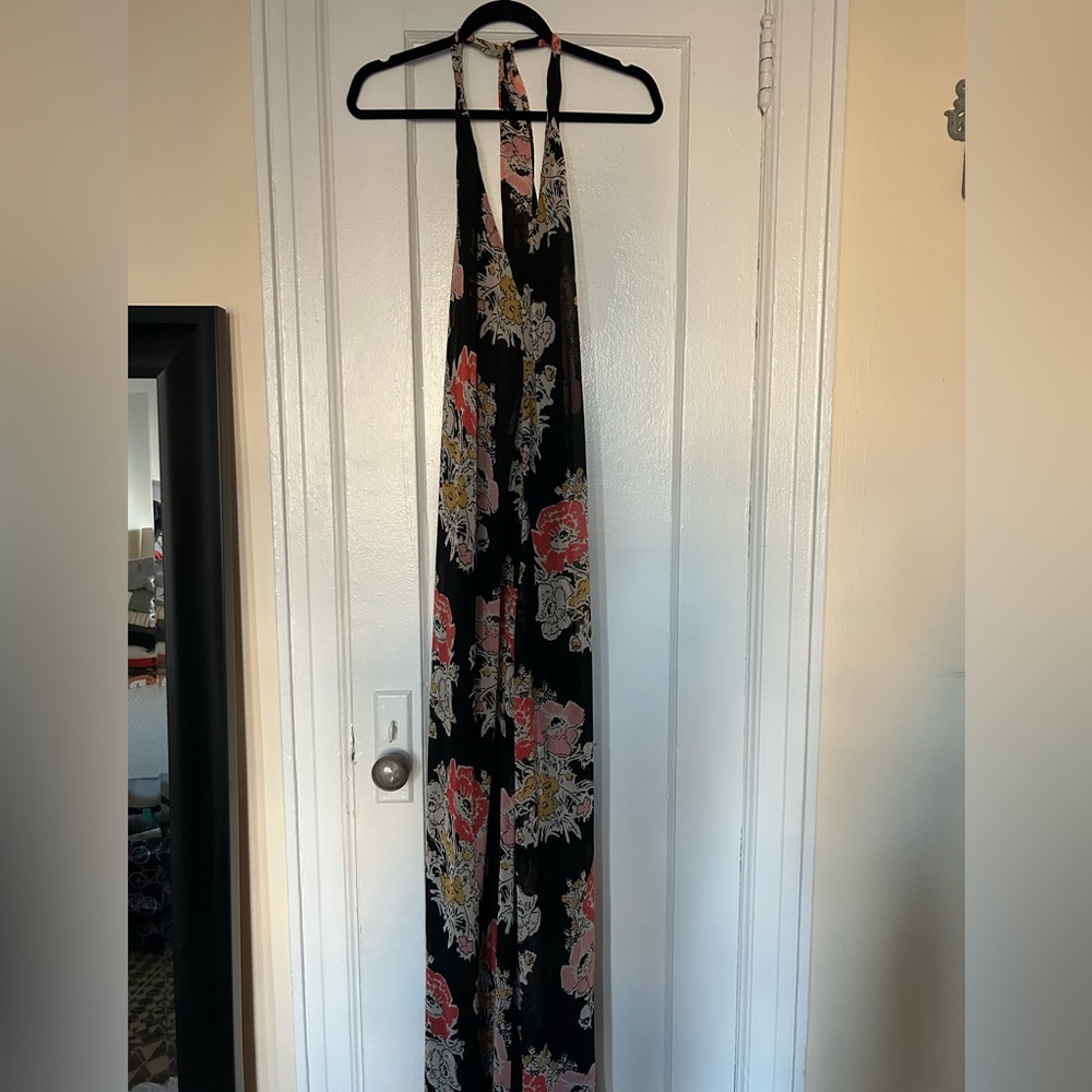 Zara Black Floral Halter Style Low Back Maxi Dress